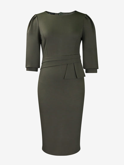 Classic Solid Color Ruched Puff Sleeve Bodycon Midi Sheath Dress with Business Casual Slim Fit Timeless Design