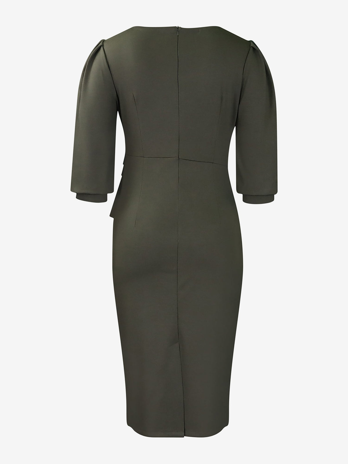 Classic Solid Color Ruched Puff Sleeve Bodycon Midi Sheath Dress with Business Casual Slim Fit Timeless Design