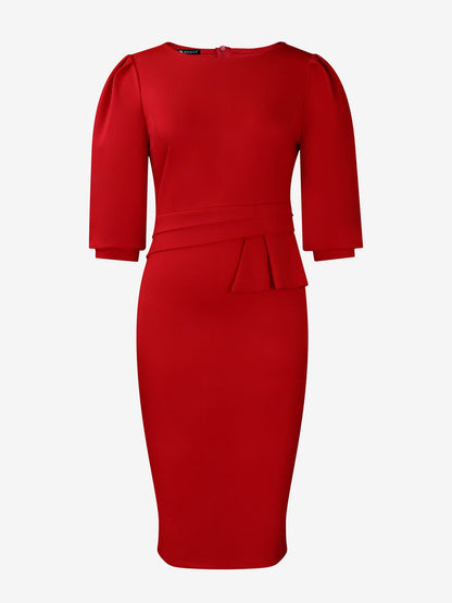 Classic Solid Color Ruched Puff Sleeve Bodycon Midi Sheath Dress with Business Casual Slim Fit Timeless Design