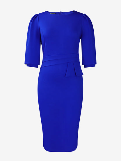 Classic Solid Color Ruched Puff Sleeve Bodycon Midi Sheath Dress with Business Casual Slim Fit Timeless Design