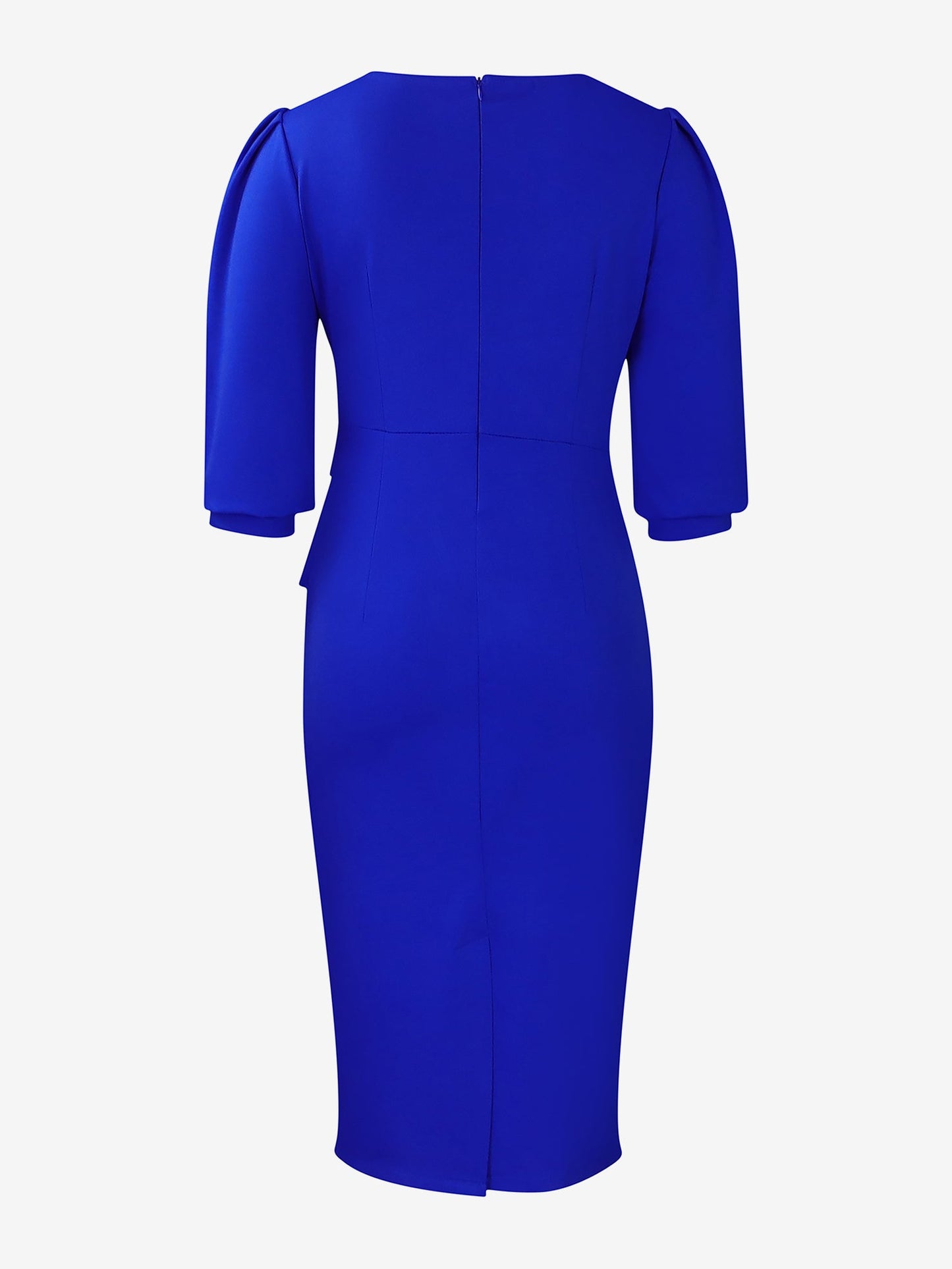 Classic Solid Color Ruched Puff Sleeve Bodycon Midi Sheath Dress with Business Casual Slim Fit Timeless Design