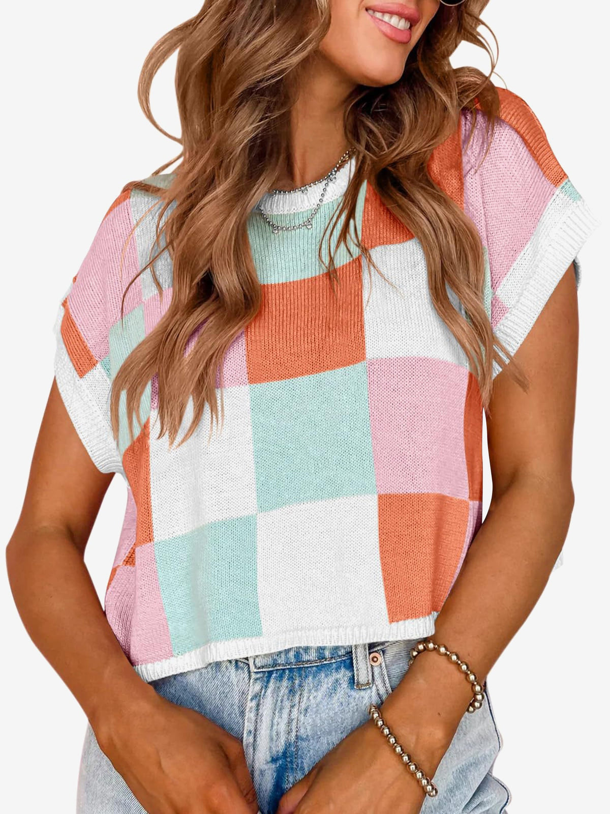 Short Sleeve Colorblock Crew Neck Knit Tops
