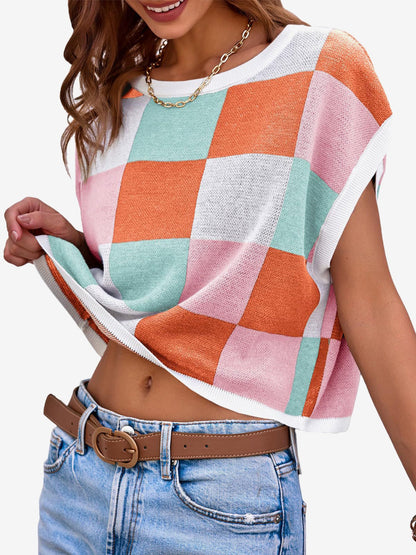 Short Sleeve Colorblock Crew Neck Knit Tops