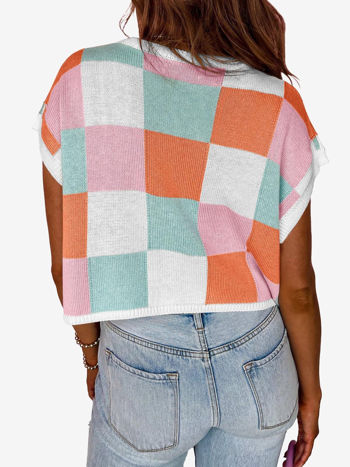 Short Sleeve Colorblock Crew Neck Knit Tops