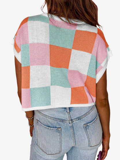 Short Sleeve Colorblock Crew Neck Knit Tops