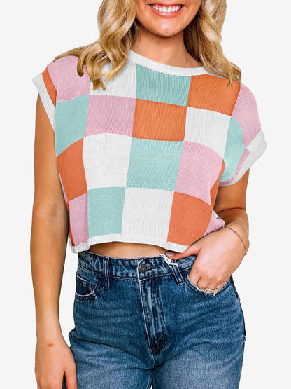 Short Sleeve Colorblock Crew Neck Knit Tops