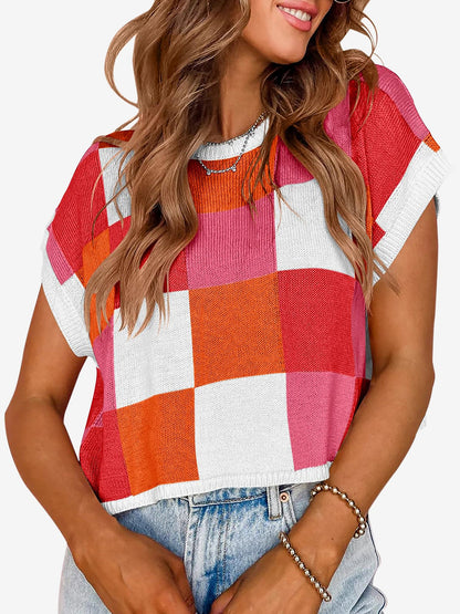 Short Sleeve Colorblock Crew Neck Knit Tops