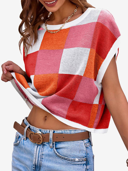 Short Sleeve Colorblock Crew Neck Knit Tops