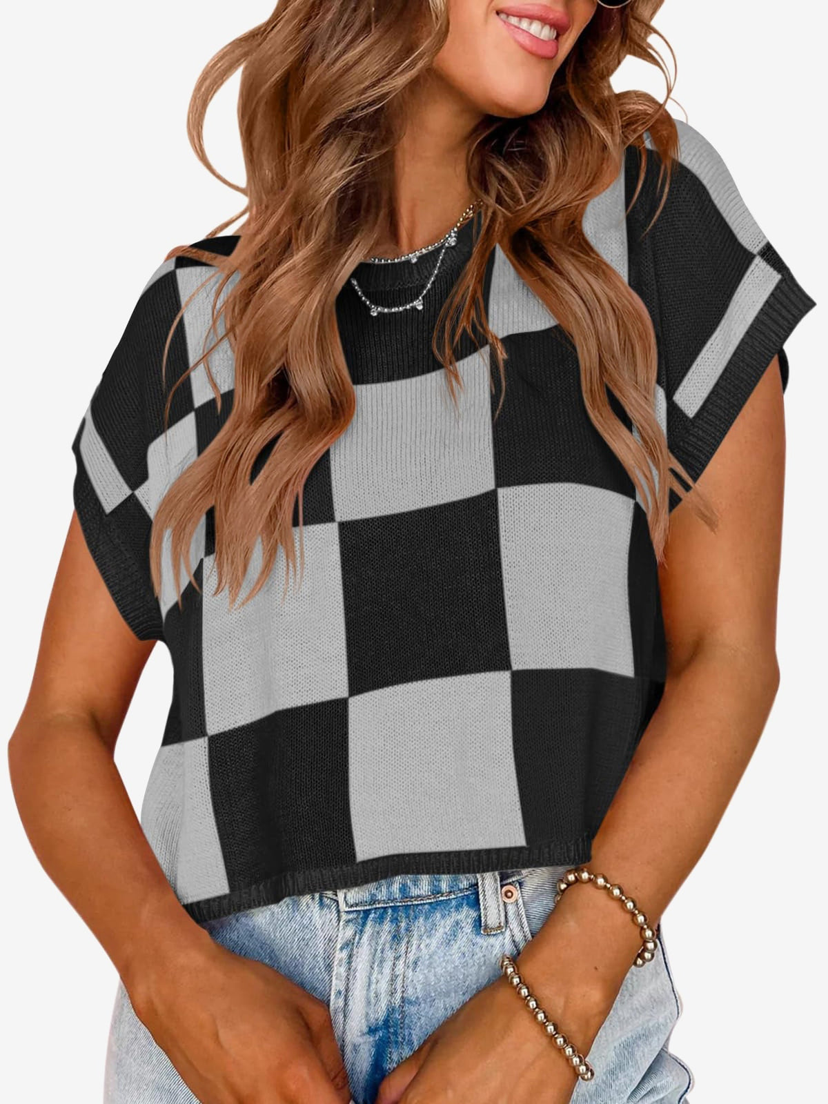 Short Sleeve Colorblock Crew Neck Knit Tops