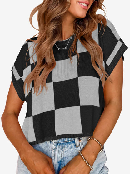 Short Sleeve Colorblock Crew Neck Knit Tops