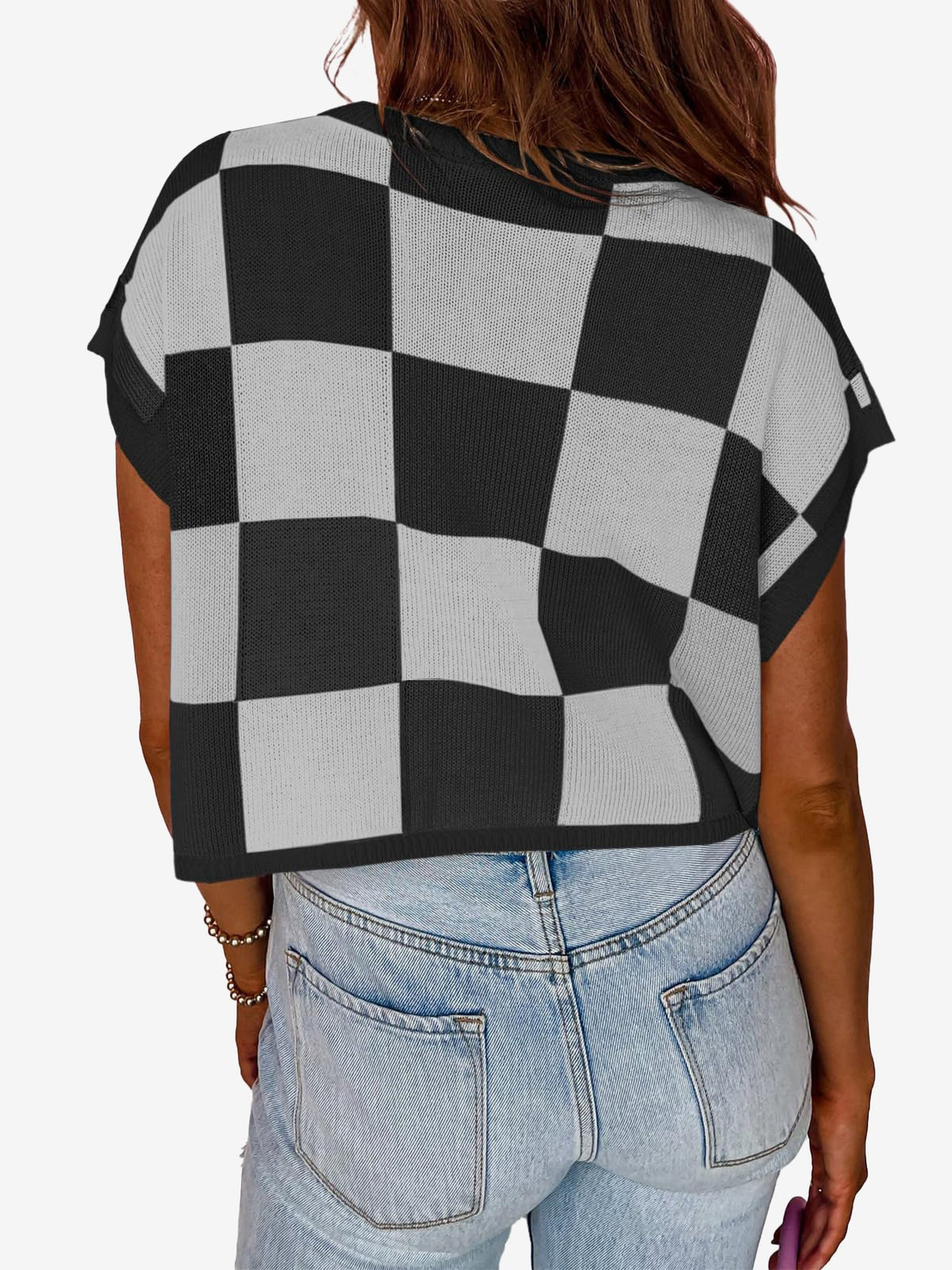 Short Sleeve Colorblock Crew Neck Knit Tops