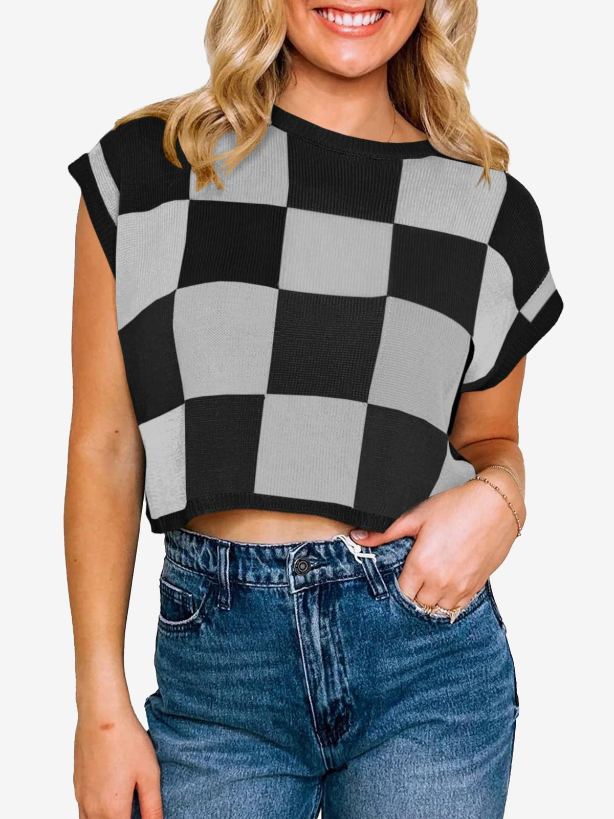 Short Sleeve Colorblock Crew Neck Knit Tops