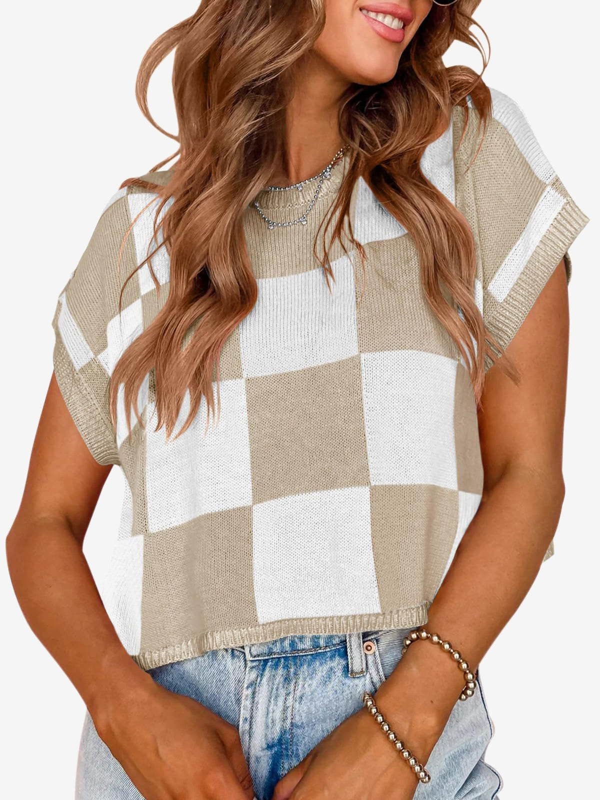 Short Sleeve Colorblock Crew Neck Knit Tops