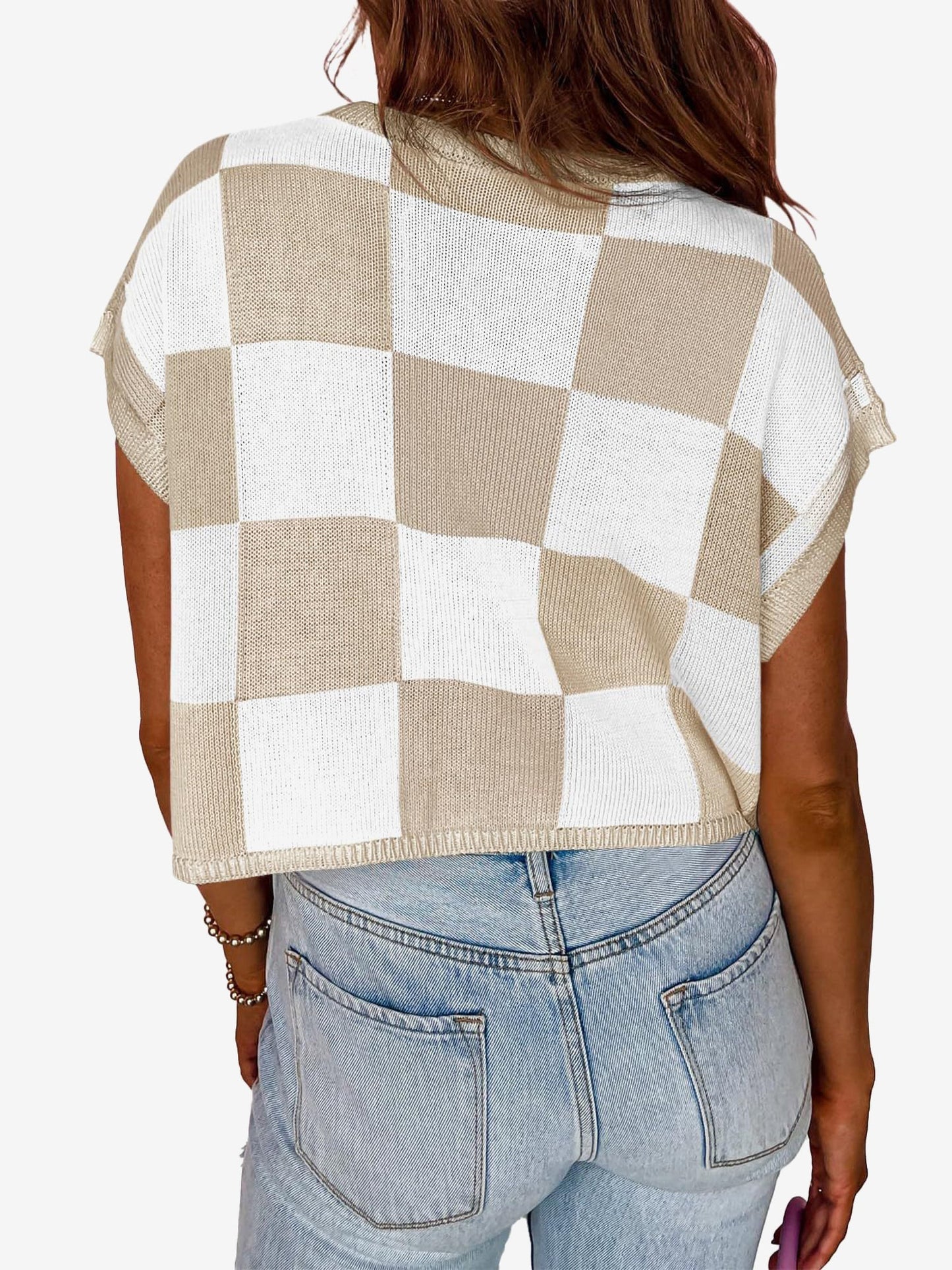 Short Sleeve Colorblock Crew Neck Knit Tops