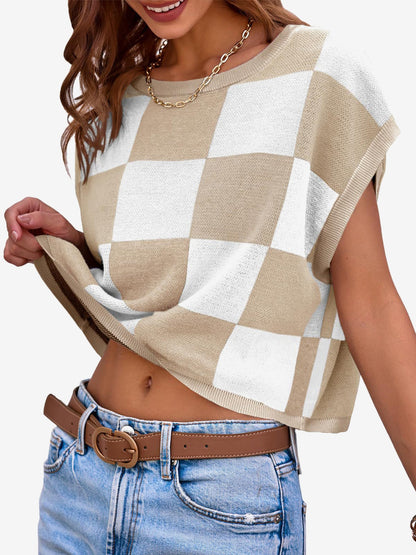 Short Sleeve Colorblock Crew Neck Knit Tops
