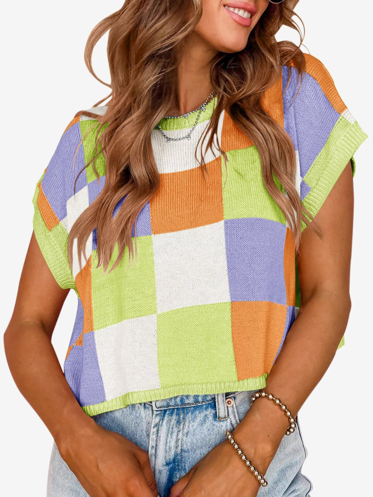 Short Sleeve Colorblock Crew Neck Knit Tops