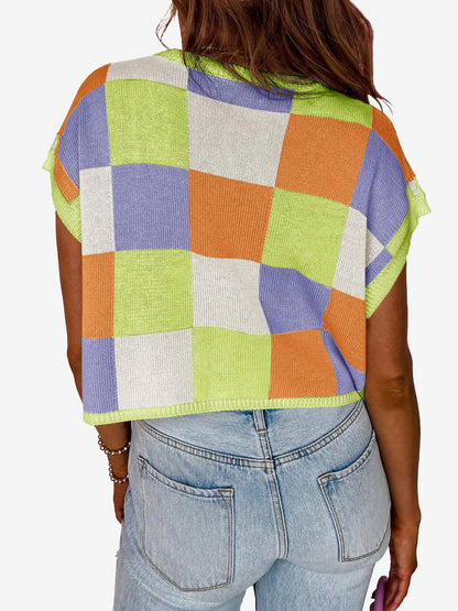Short Sleeve Colorblock Crew Neck Knit Tops