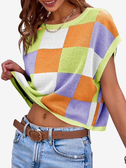 Short Sleeve Colorblock Crew Neck Knit Tops