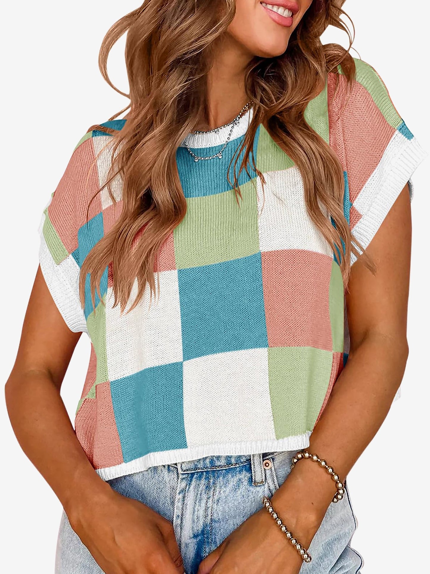 Short Sleeve Colorblock Crew Neck Knit Tops