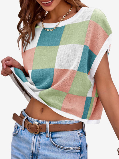 Short Sleeve Colorblock Crew Neck Knit Tops