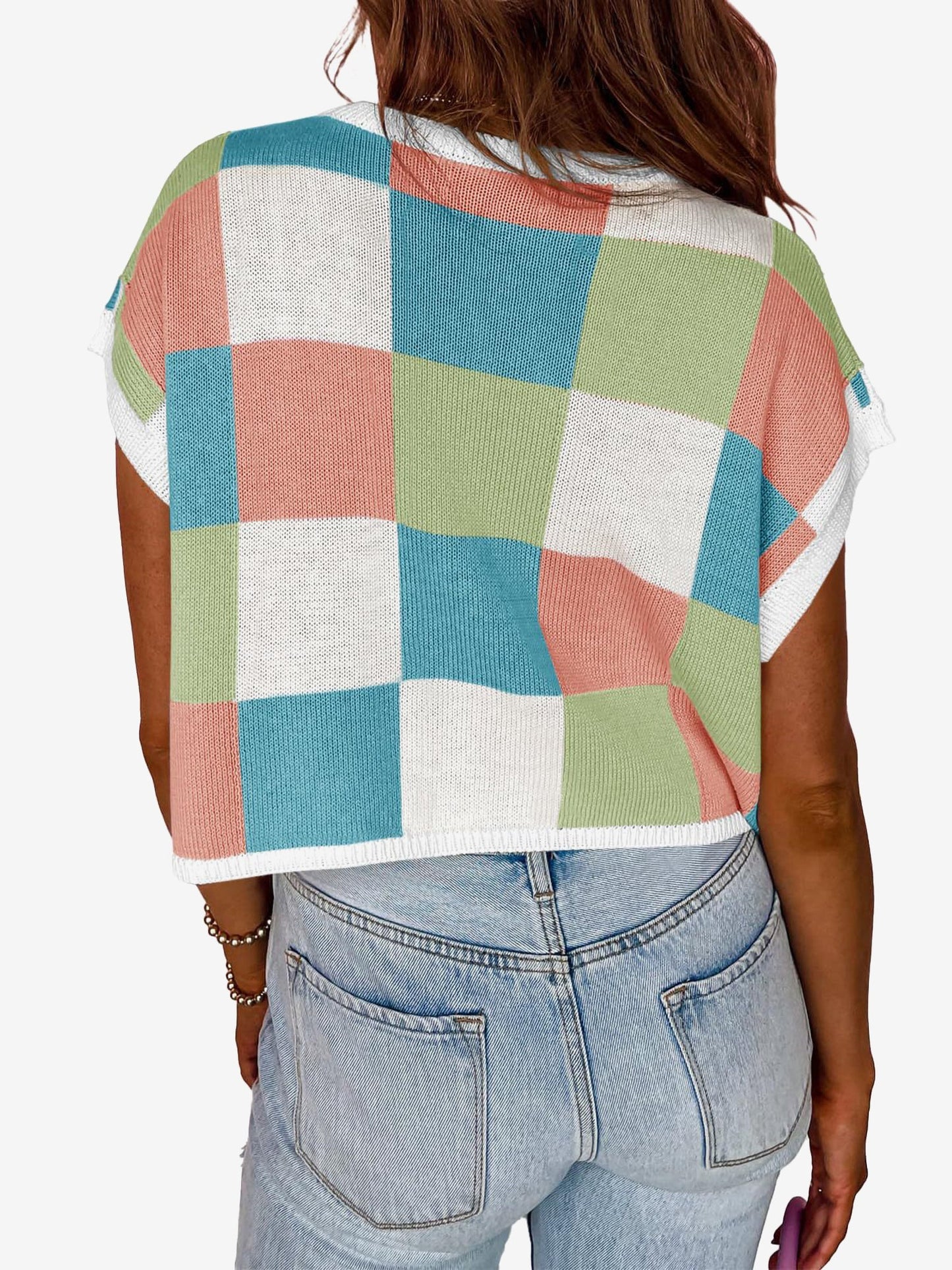 Short Sleeve Colorblock Crew Neck Knit Tops
