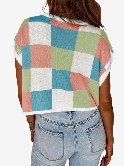 Short Sleeve Colorblock Crew Neck Knit Tops