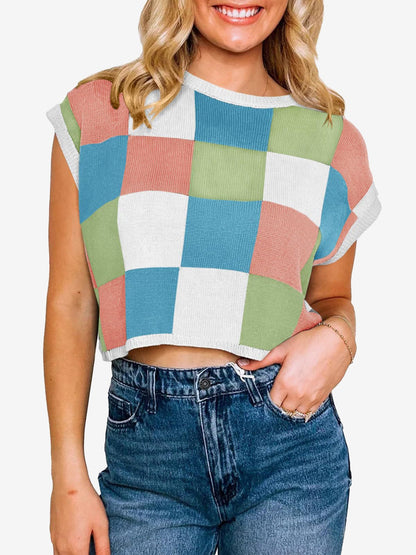 Short Sleeve Colorblock Crew Neck Knit Tops