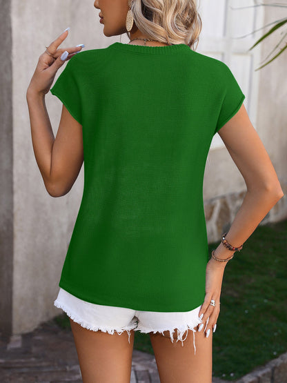 Crew Neck Knit Tops with Solid Color Short Sleeves and Breathable Soft Stretch Fabric