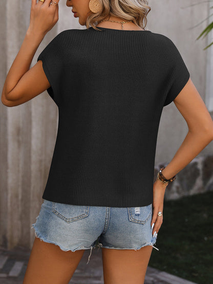 Round Neck Pocketed Short Sleeve Knit Tops