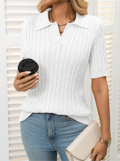 Short Sleeve Lapel Collar Solid Color Knit Tops