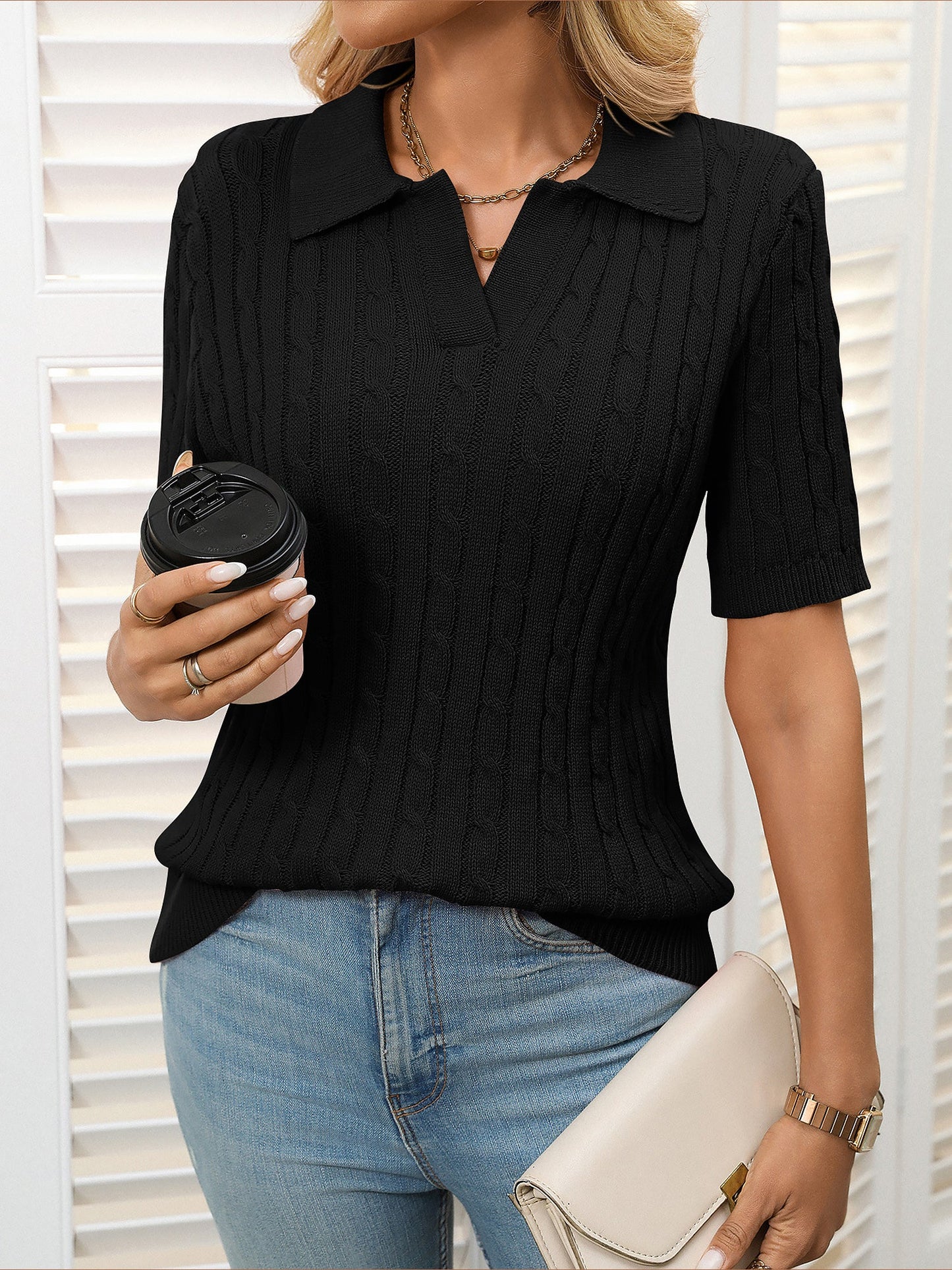 Short Sleeve Lapel Collar Solid Color Knit Tops