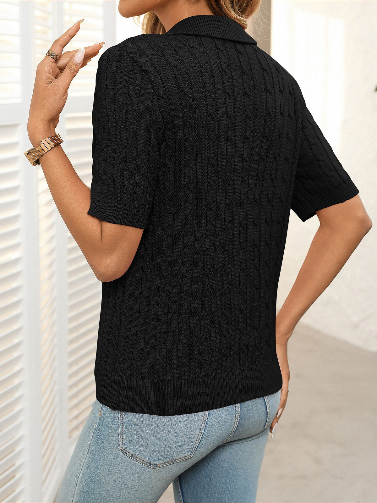 Short Sleeve Lapel Collar Solid Color Knit Tops