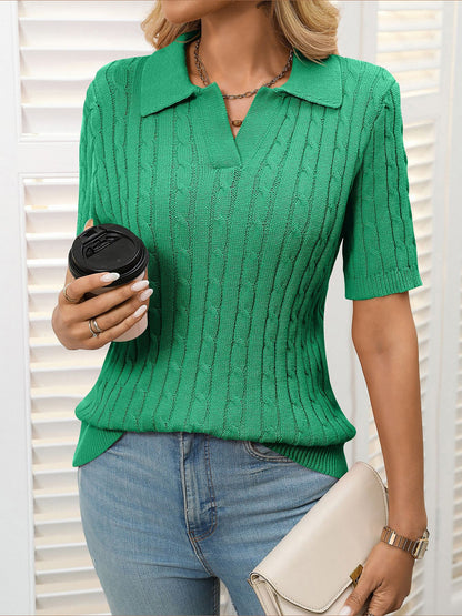 Short Sleeve Lapel Collar Solid Color Knit Tops