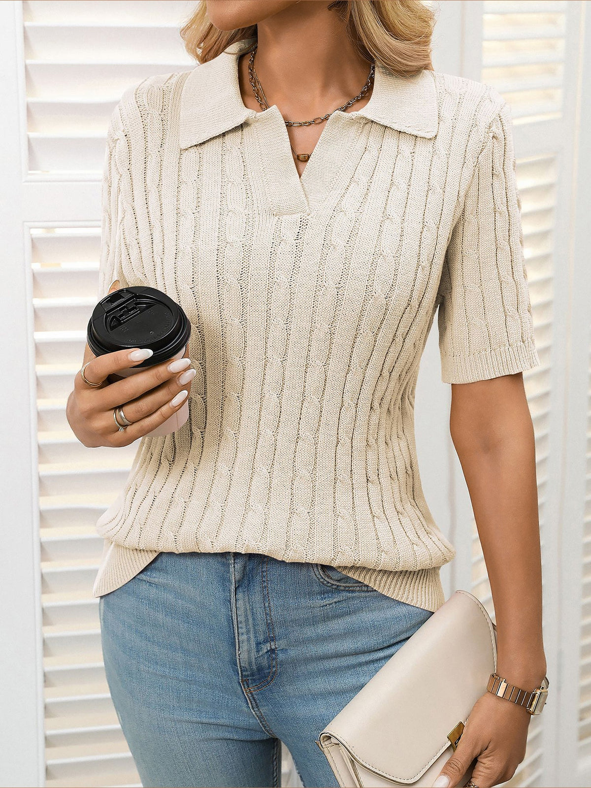 Short Sleeve Lapel Collar Solid Color Knit Tops