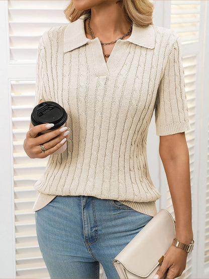 Short Sleeve Lapel Collar Solid Color Knit Tops