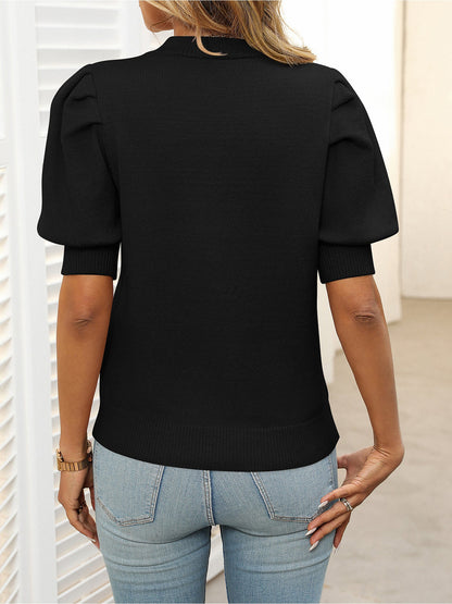 Casual Chic with Ribbed Knit & Relaxed Fit Crew Neck Puff Sleeve Solid Color Knit Tops