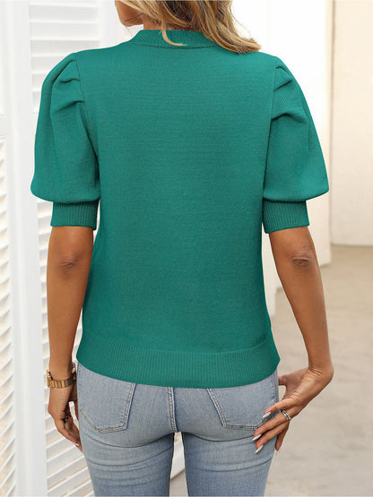 Casual Chic with Ribbed Knit & Relaxed Fit Crew Neck Puff Sleeve Solid Color Knit Tops