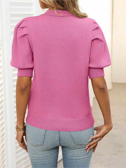 Casual Chic with Ribbed Knit & Relaxed Fit Crew Neck Puff Sleeve Solid Color Knit Tops
