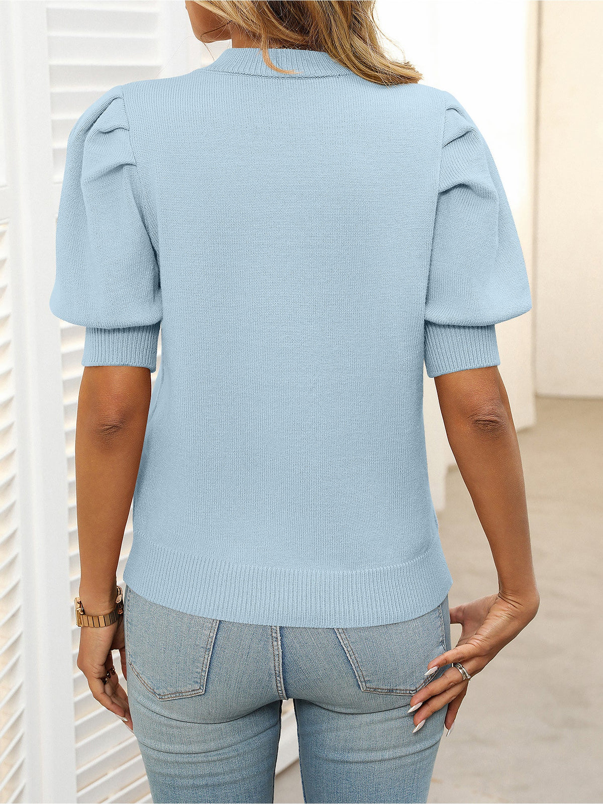 Casual Chic with Ribbed Knit & Relaxed Fit Crew Neck Puff Sleeve Solid Color Knit Tops