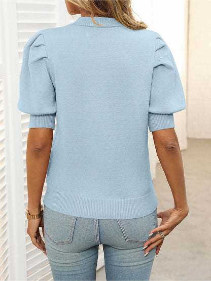 Casual Chic with Ribbed Knit & Relaxed Fit Crew Neck Puff Sleeve Solid Color Knit Tops