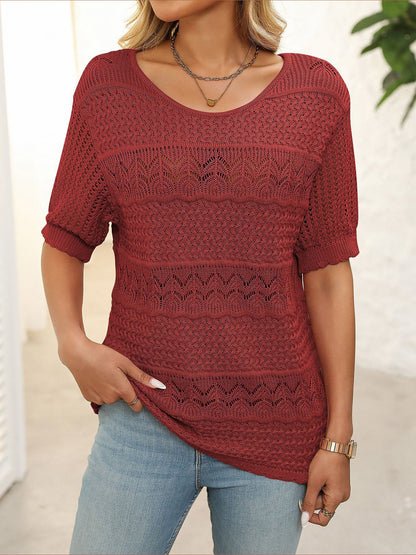 Round Neck Short Sleeve Crochet Knit Tops