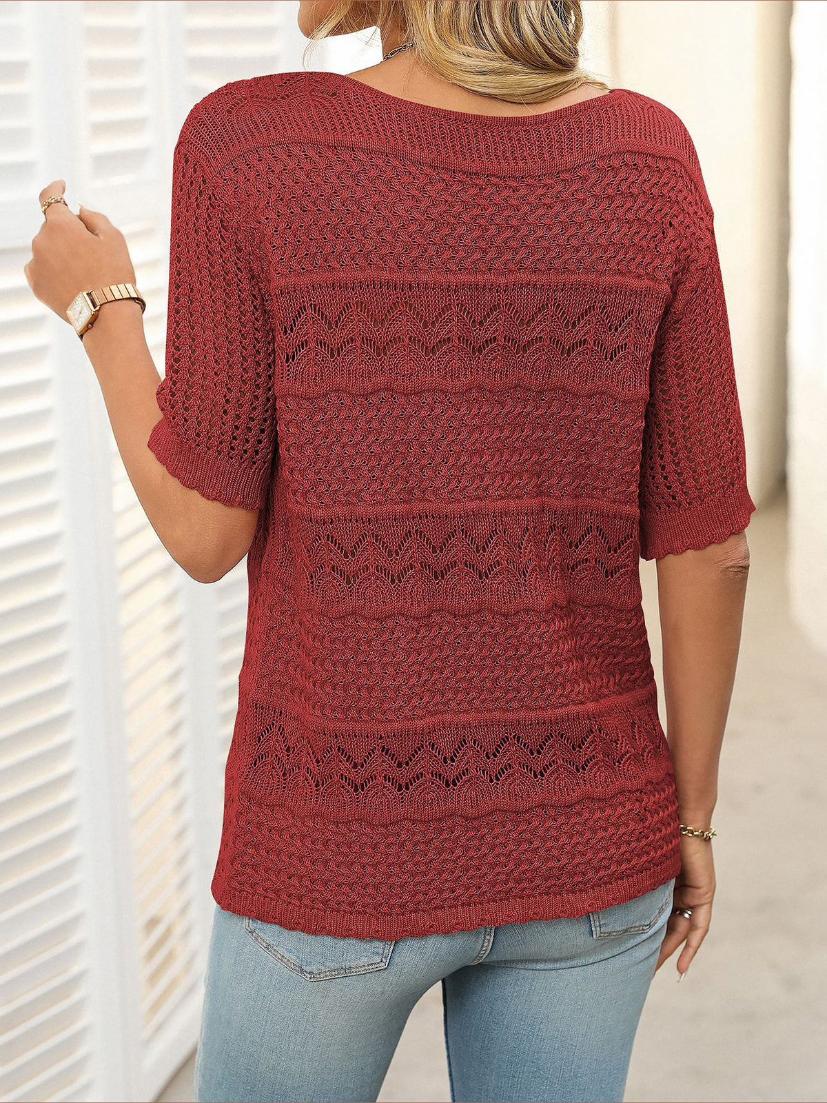Round Neck Short Sleeve Crochet Knit Tops