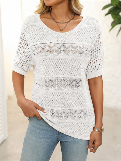Round Neck Short Sleeve Crochet Knit Tops