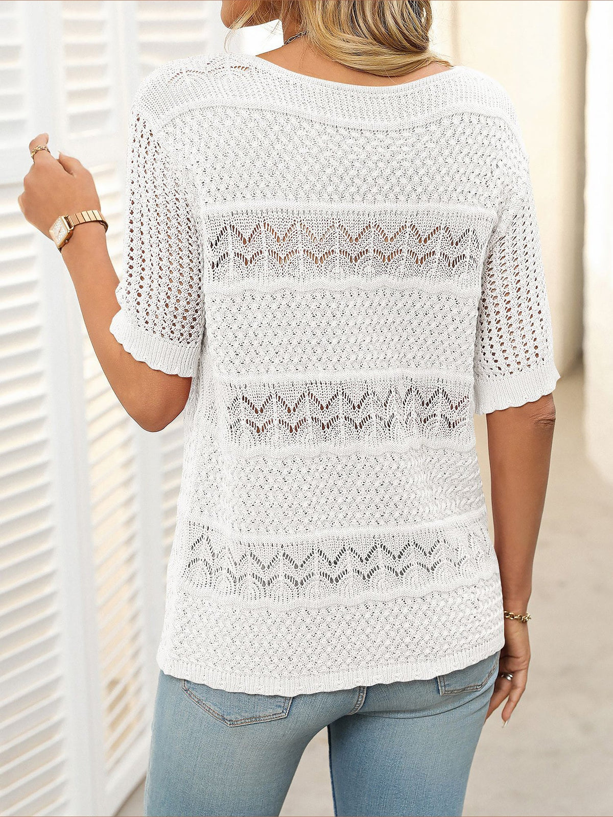 Round Neck Short Sleeve Crochet Knit Tops