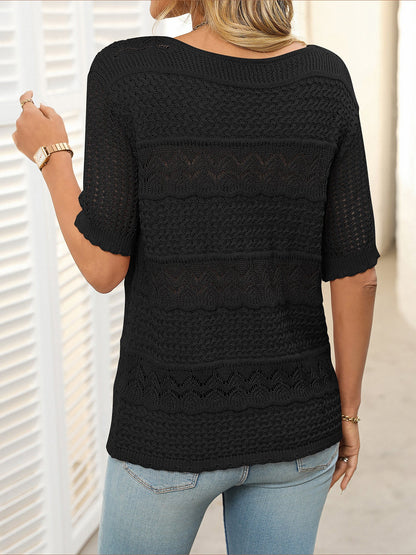 Round Neck Short Sleeve Crochet Knit Tops