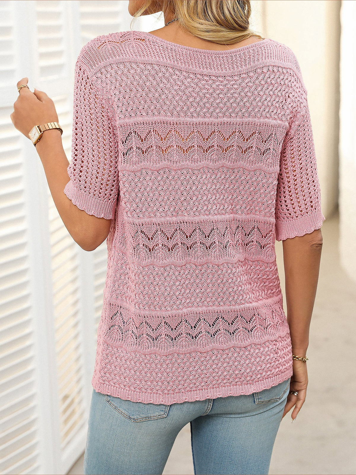 Round Neck Short Sleeve Crochet Knit Tops