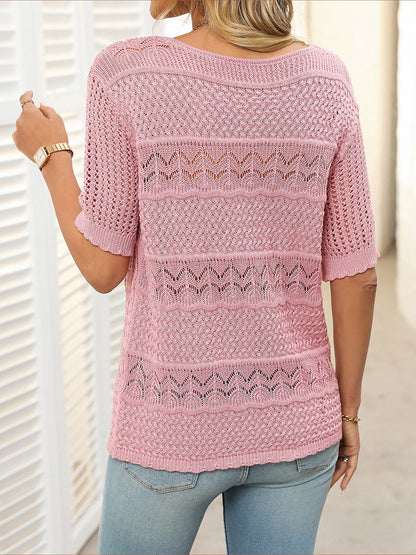 Round Neck Short Sleeve Crochet Knit Tops