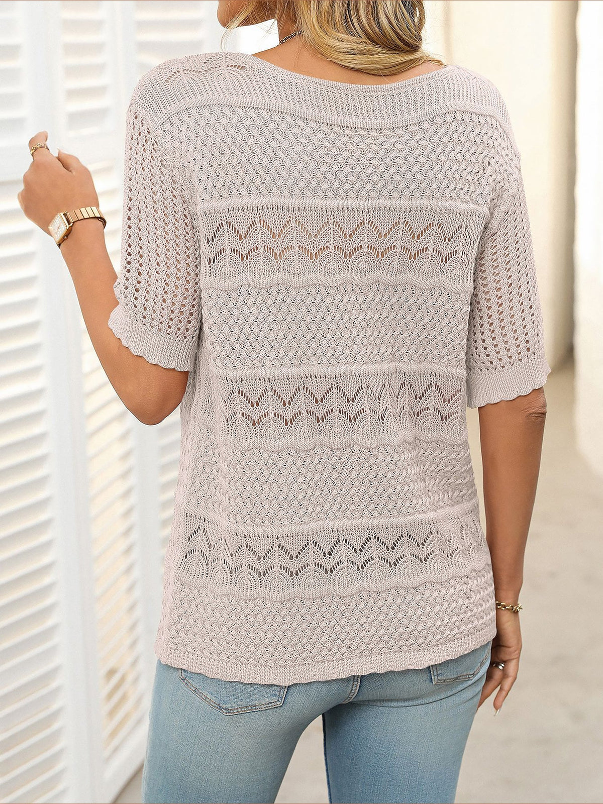 Round Neck Short Sleeve Crochet Knit Tops
