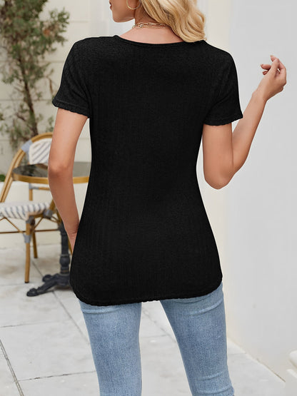 Classic Solid Color Round Neck Timeless Button Front Design Short Sleeve Casual Blouse
