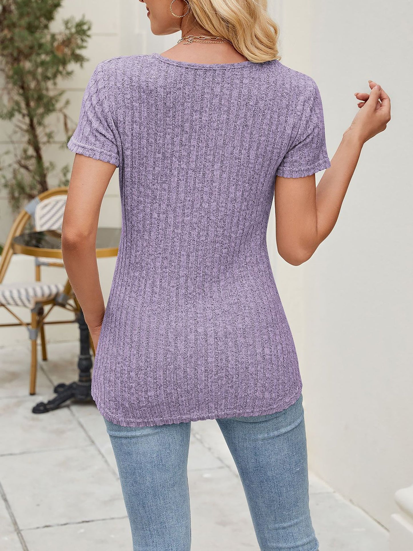 Classic Solid Color Round Neck Timeless Button Front Design Short Sleeve Casual Blouse